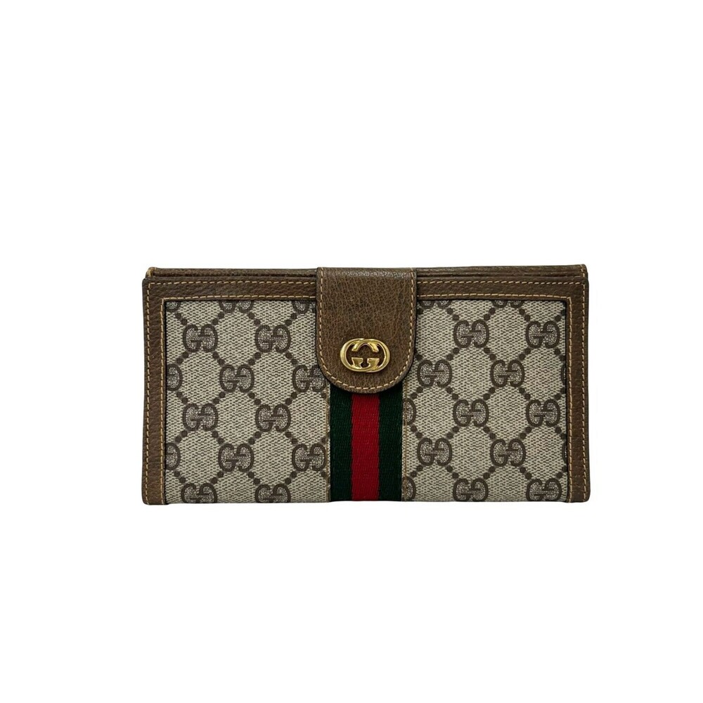 GUCCI Vintage Sherry Line GG Logo Leather Long Wallet with Coin Purse, Brown,...